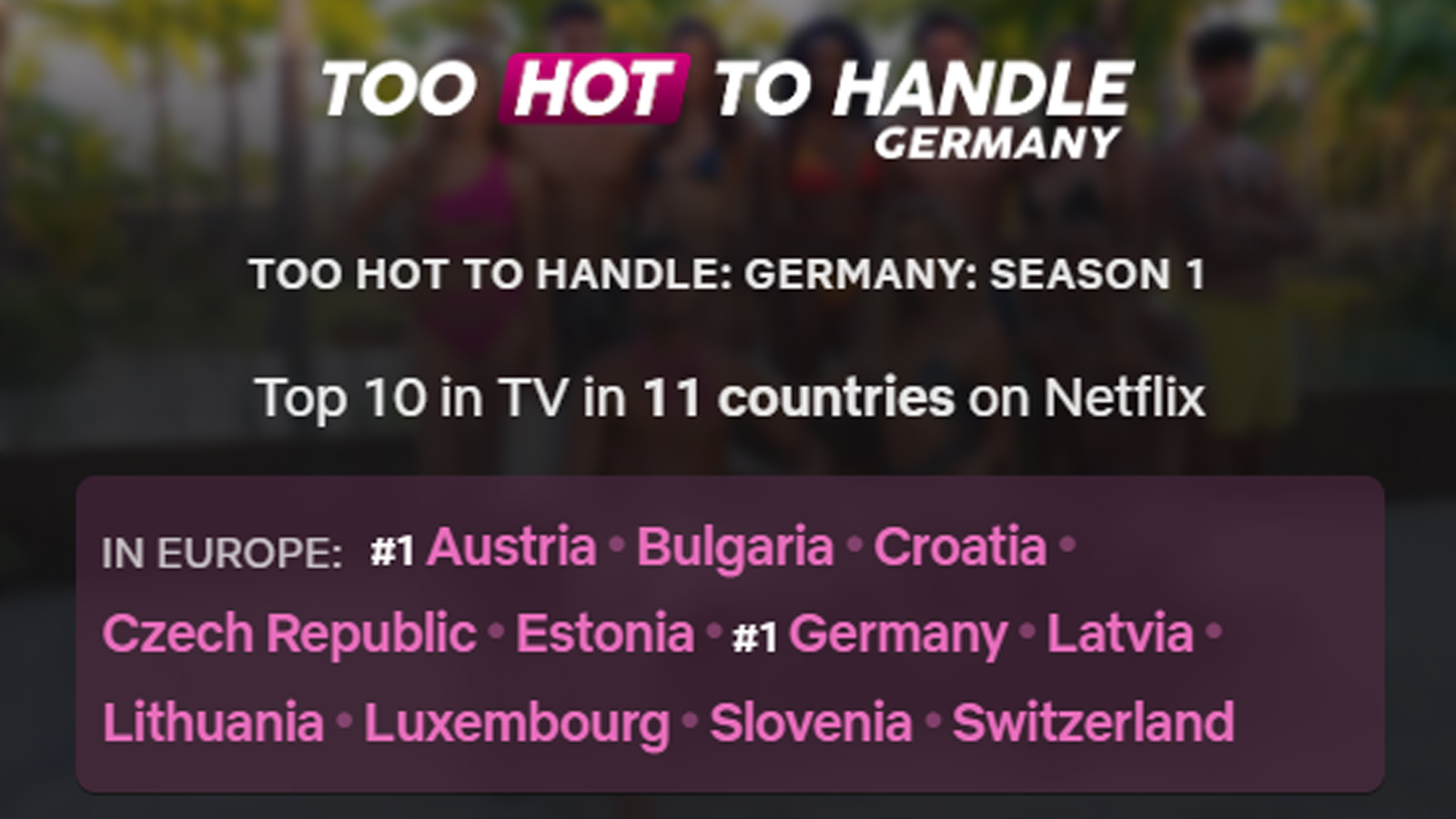 TOO HOT TO HANDLE: GERMANY – Top 10 in der Rubrik TV in 11 Ländern auf Netflix