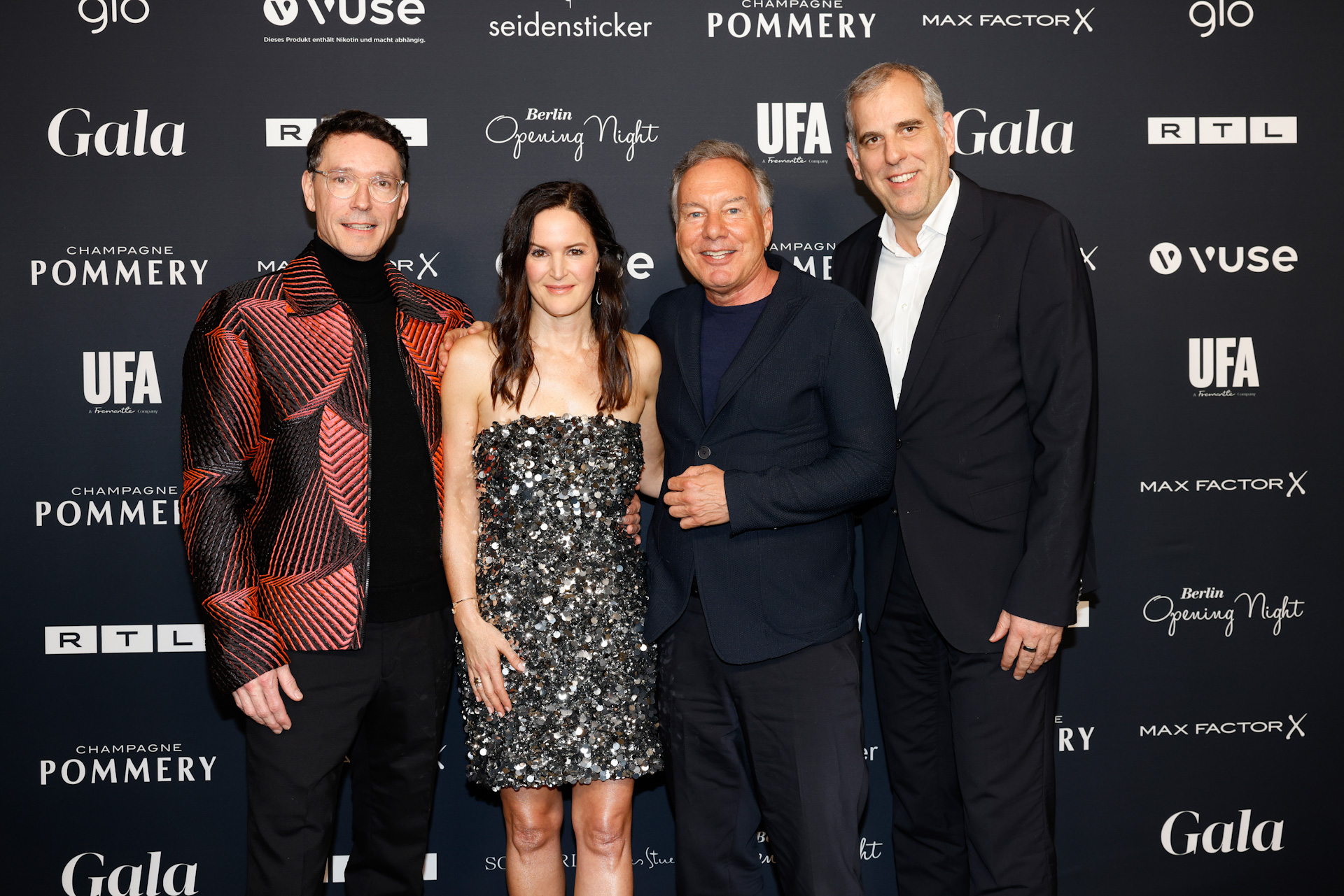 V.l.n.r.: Sascha Schwingel (CEO UFA), Doris Brückner (Chefredakteurin GALA), Nico Hofmann (Chairman UFA) und Stephan Schmitter (Geschäftsführer RTL) nehmen am 15. Februar 2024 an der Berlin Opening Night 2024 anlässlich der 74. Internationalen Filmfestspiele Berlinale im Hotel Das Stue teil